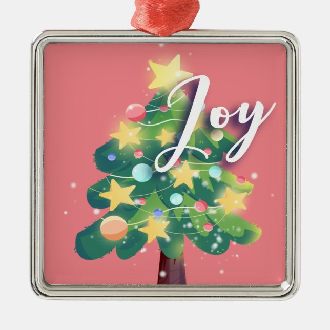 Joy Carton Árvore de Natal Ornamento de Metal Rosa (Frente)