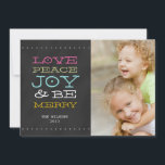JOY DO CHALKBOARD | CARTÃO FOTO HOLIDAY<br><div class="desc">PLACA DE CARTÕES DE NATAL DE FOTOGRAFIA DO CHALKBOARD PRETO DIVERTIDA. ELKE CLARKE © PARA A GALERIA MONOGRAM. Envie suas Cartões de natal para seus amigos e família usando este cartão de feriado divertido com foto. "JOY, PEACE, AMOR E SER FELIZ". Você pode "personalizar" e mudar a cor das palavras...</div>
