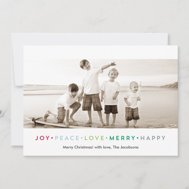 Joy Peace Love Feliz Happy Holiday Cartão com foto (Frente)