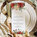 JOY Red Poinsettia e Menu de Janto de Natal do Pin<br><div class="desc">Este cartão de menu do janto de Natal apresenta poinsettia de aquarelas florais e folhas falsas de folha de ouro. Edite com facilidade o texto *maioria* para atender às suas necessidades de eventos.</div>