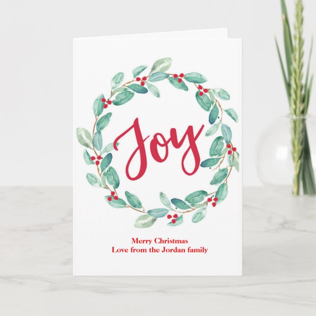 Joy Watercolor Holly Wreath Cartão de Natal (Frente)