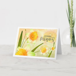 Joyeuses Pâques. Cartão de Páscoa Daffodils em fra