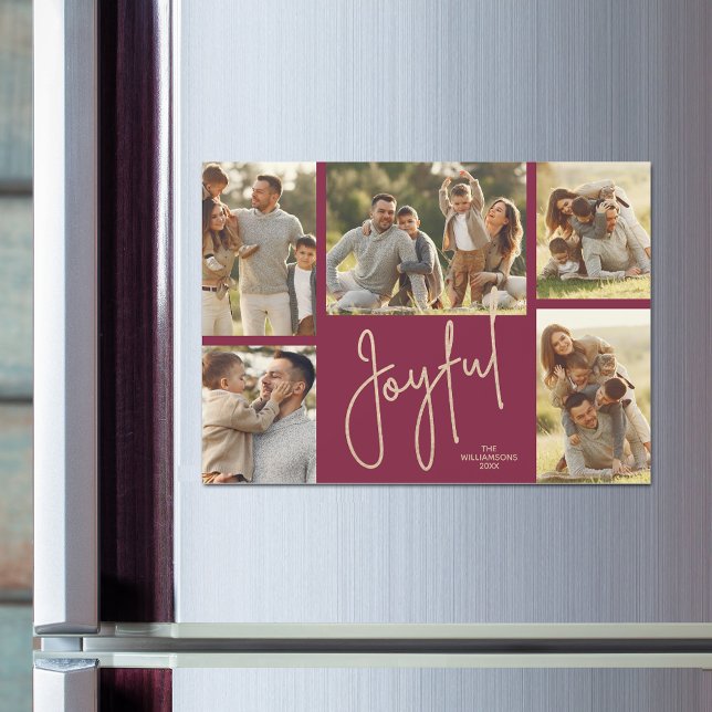 JOYFUL Christmas Photo Collage Magnetic Cards (JOYFUL script on cranberry red Christmas photo collage holiday magnetic cards)