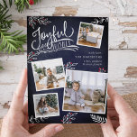 Joyful Wish | Cartão de Colagem de Fotos de Natal<br><div class="desc">Belo cartão com fotos de Natal baseado em tipografia mostra quatro de suas fotos de família quadrada favoritas em um layout de colagem. "Desejos Joyful" aparece no topo em tipografia escrita à mão branca sobre um fundo de quadro azul marinho acentuado com folhas desenhadas brancas e groselhas ocas vermelhas. Personalize...</div>