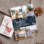 Joyful Wish | Cartão de Colagem de Fotos de Natal<br><div class="desc">Belo cartão com fotos de Natal baseado em tipografia mostra quatro de suas fotos de família quadrada favoritas em um layout de colagem. "Desejos Joyful" aparece no centro em tipografia branca, escrita à mão sobre um rico fundo azul marinho, acentuado com folhas brancas esboçadas e groselhas brancas. Personalize com sua...</div>