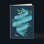 Joyous Tidings | Cartão Hanukkah com fotos Dentro<br><div class="desc">Cartões de natal dobradas elegantes apresentam "pode amar e acender seu coração em Chanucá" em tipografia escrita à mão sobre uma fita azul de aquarela, acentuada por folhas verdes e bagas brancas. Personalize com seu nome de família e o ano em branco em um fundo azul marinho, e personalize o...</div>