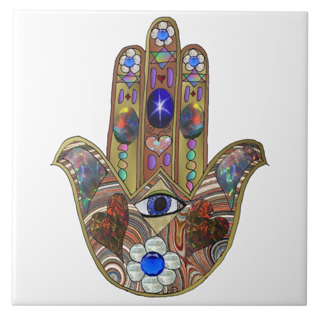 Judaica Hamsa Hearts Flowers Opal Art Impressão (Frente)