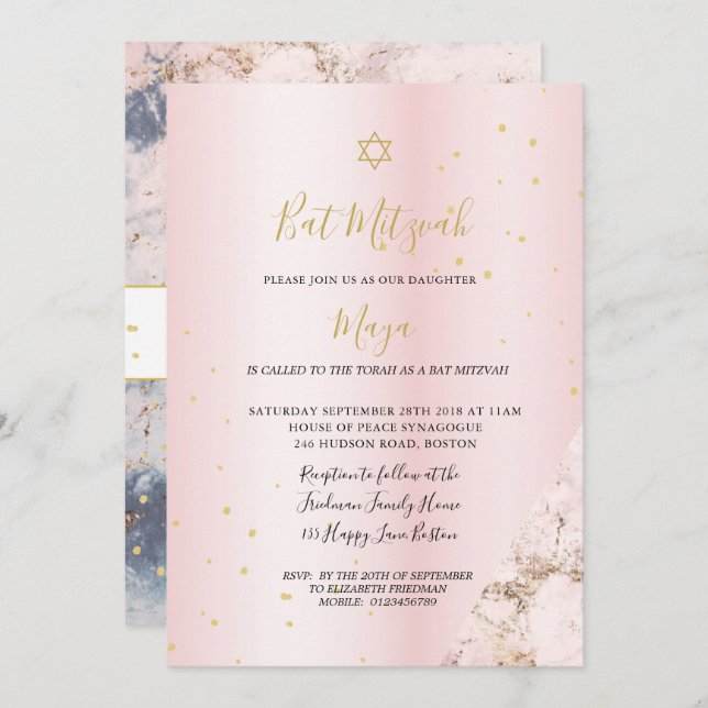 Judeu Bat Mitzvah Rosa Dourado Convite Hebraico (Frente/Verso)