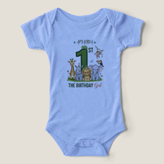 Jungle Safari 1st Birthday Girl Baby Bodysuit (Design frontal)