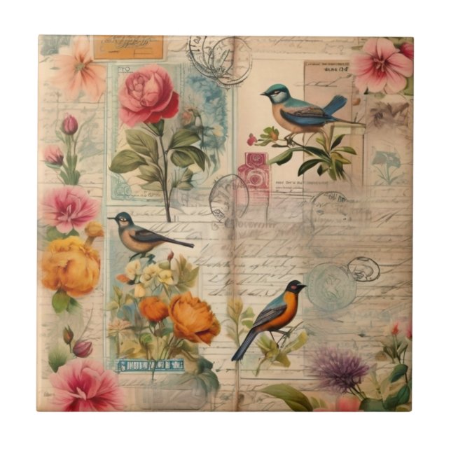 Junk Journal Seite mit Blumen + Vögel -  (Frente)