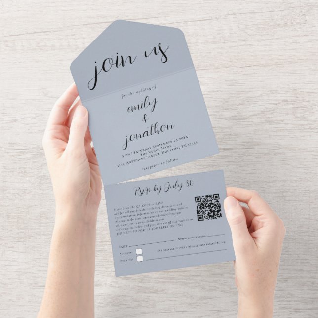 Junte-se a nós Código QR Script Moderno Dusty Blue (Aba destacável)