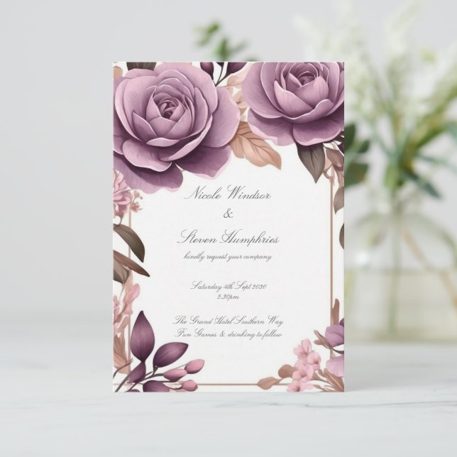 Juntos Convite para Casamento Floral de Mauve Fore (Em pé/Frente)