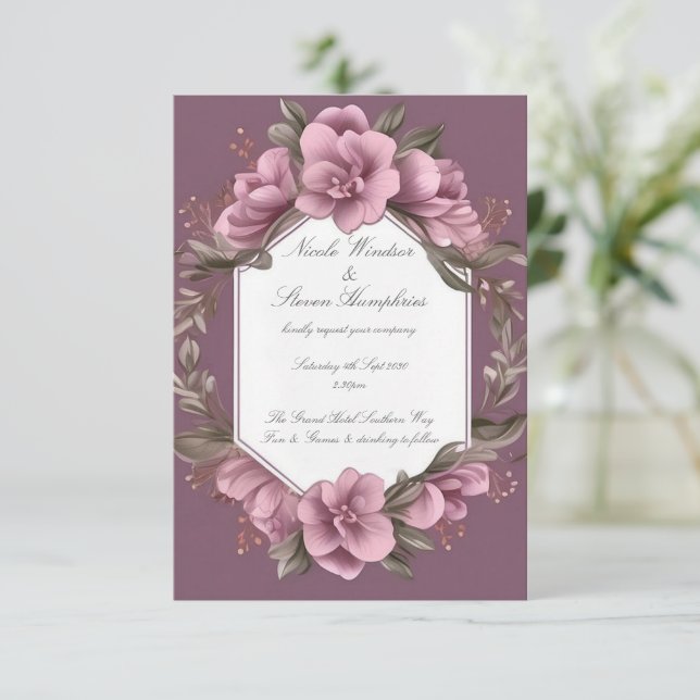 Juntos Convite para Casamento Floral de Mauve Fore (Em pé/Frente)