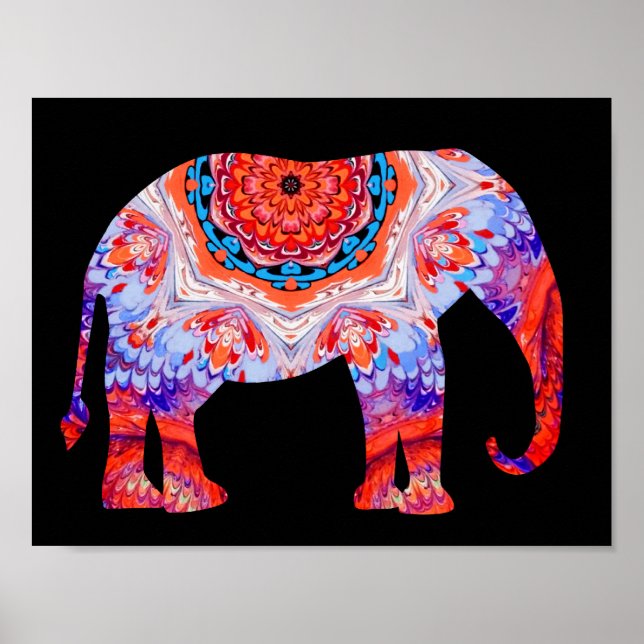Kaleidoscope Elephant Poster em azul e laranja (Frente)