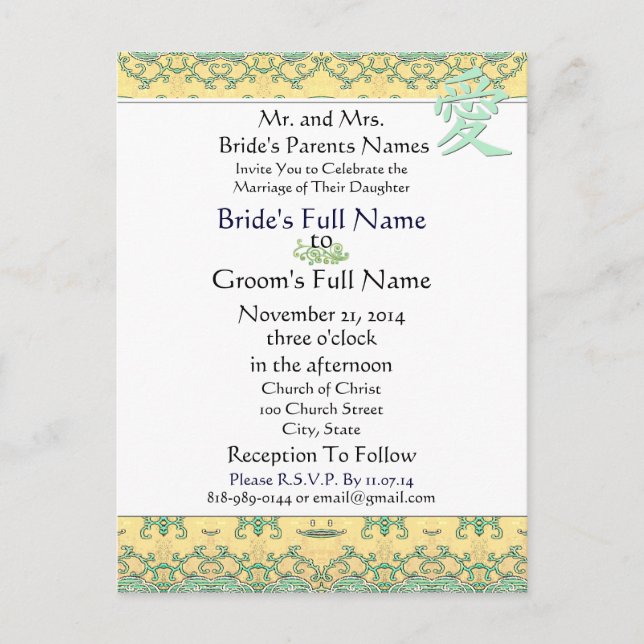 Kanji Por Amor no Convite Dourado Para Casamento (Frente)