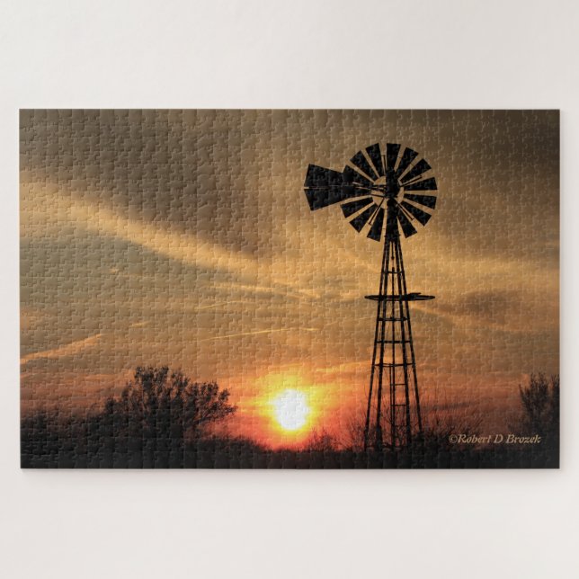 Kansas Sunset com QUEBRA-CABEÇA de Windmill (Horizontal)