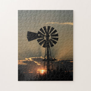 Kansas Windmill Sunset Com Sun Rays Quebra-cabeça