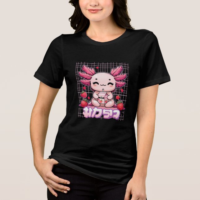 Kawaii Axolotl Bebendo MorangoLeite Pastel (Frente)