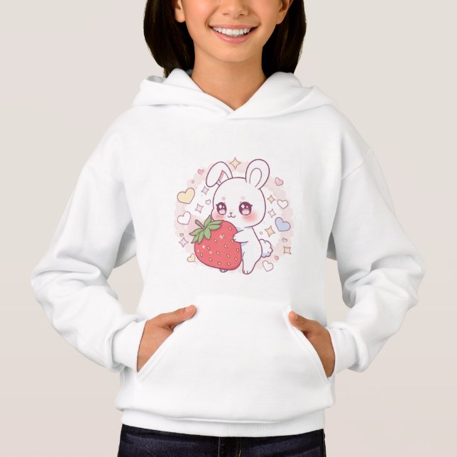 Kawaii Bunny with Strawberry – Cute Pastel Hoodie (Frente)