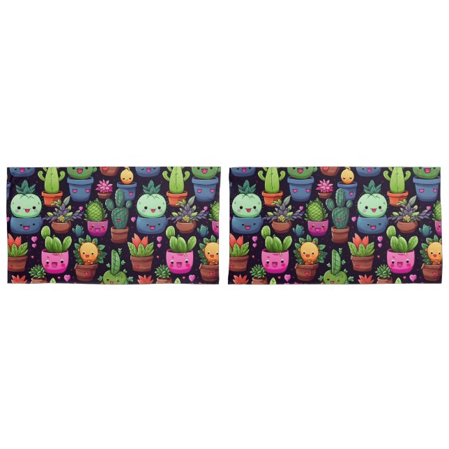 Kawaii Cactus Pillowcases (Frente - conjunto)