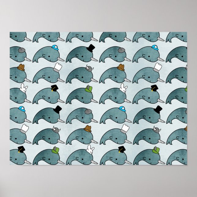 Kawaii Cartoon Grunge Narwhals with hats Poster (Frente)