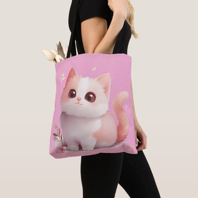Kawaii Cat Tote Bag Rosa Suave - Presente Para Alo (Close Up)