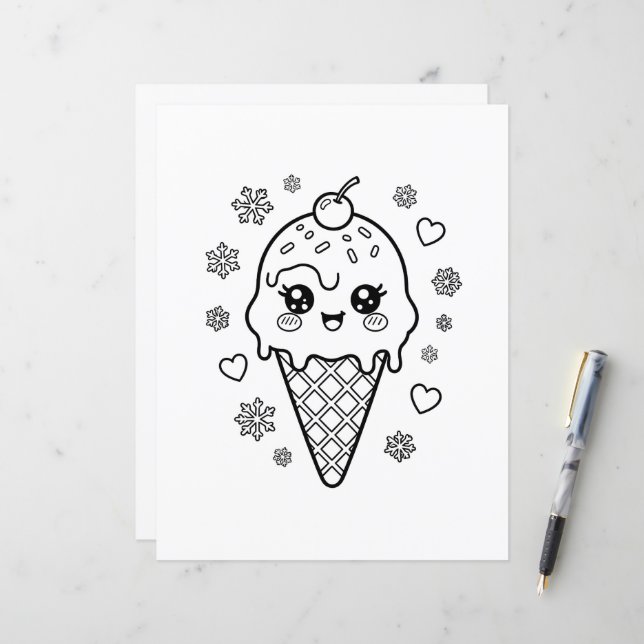 Kawaii cone de sorvete fofo para colorir (Frente/Verso In Situ)