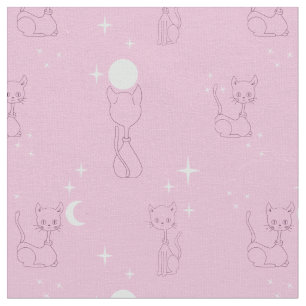 Kawaii Cute Cats Moon Stars Pink Patterno Tecido