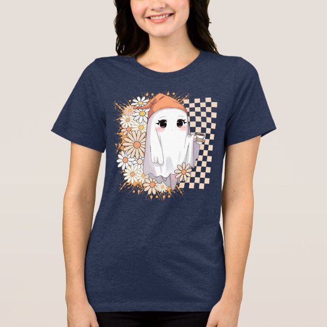 Kawaii Ghost com café e margaridas - Cute Cozy (Frente)