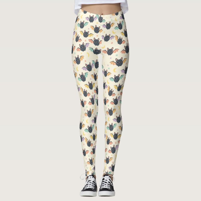 Kawaii Halloween Bats Patterno com Stars Leggings (Frente)