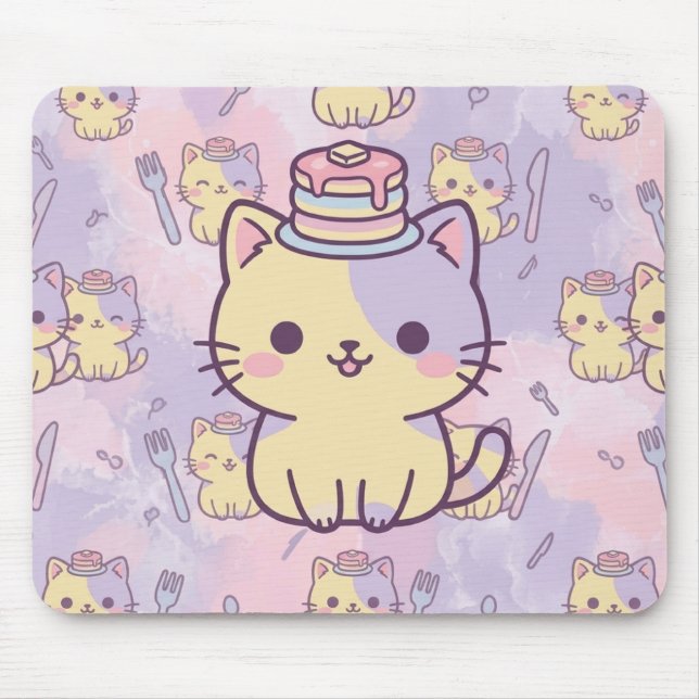 Kawaii Pastel Cat with Pancakes Pattern Mouse Pad (Frente)