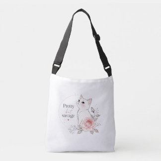 Kawaii "Pretty but Savage" Cat Floral Tote Bag