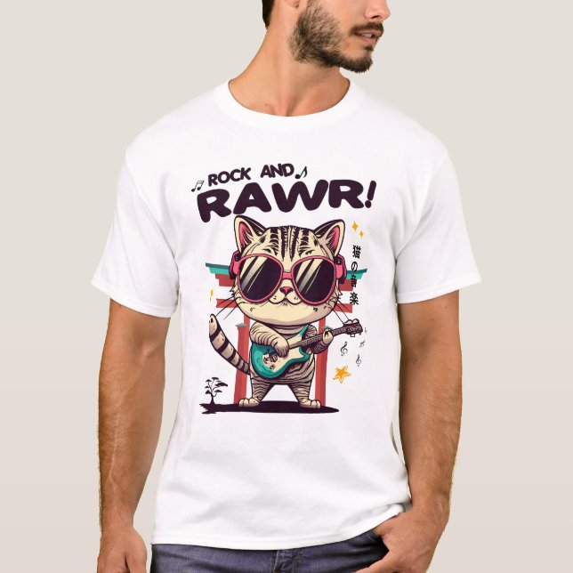 Kawaii Rock Cat Camisa Básica de Homens Brancos (Frente)