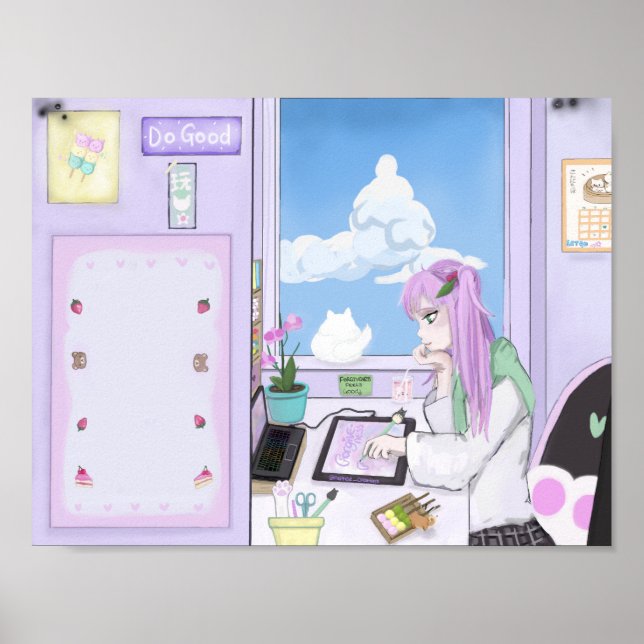 Kawaii Strawberry Girl desenhando Poster de Arte D (Frente)