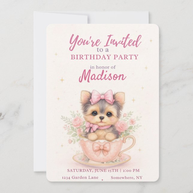 Kawaii Yorkie Teacup Girl’s Birthday Invitation (Frente)