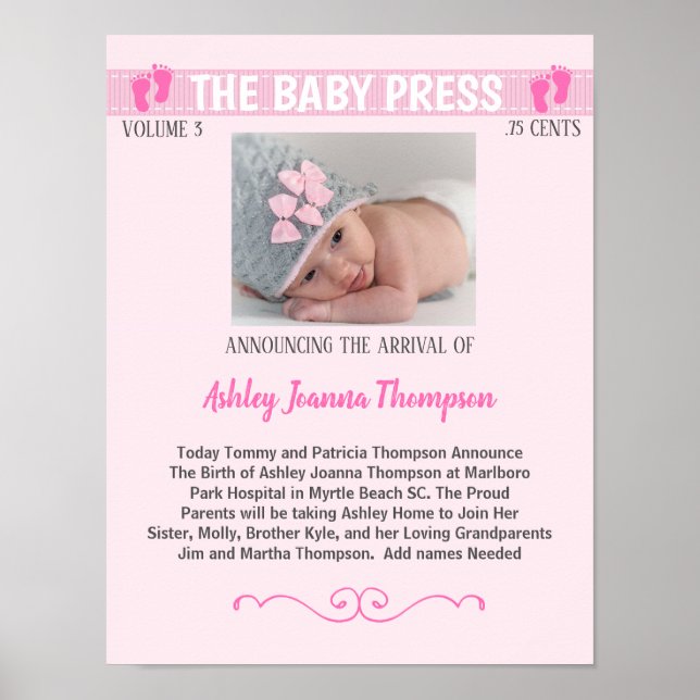 Keepsake Photo Birth Announcement Poster (Frente)