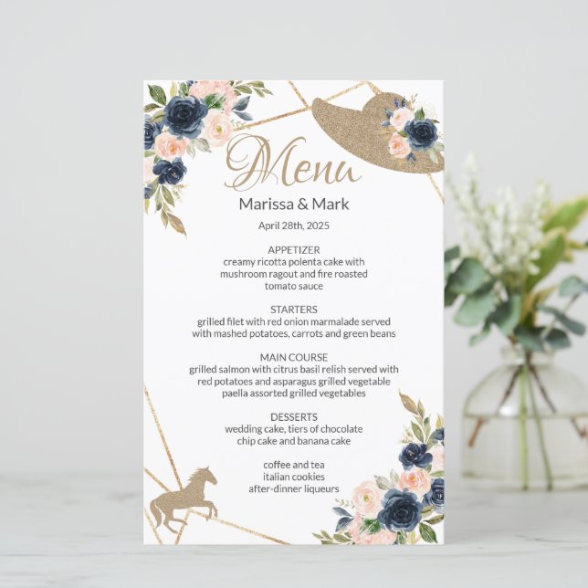 Kentucky Derby Blush & Marinho Wedding Menu (Em pé/Frente)