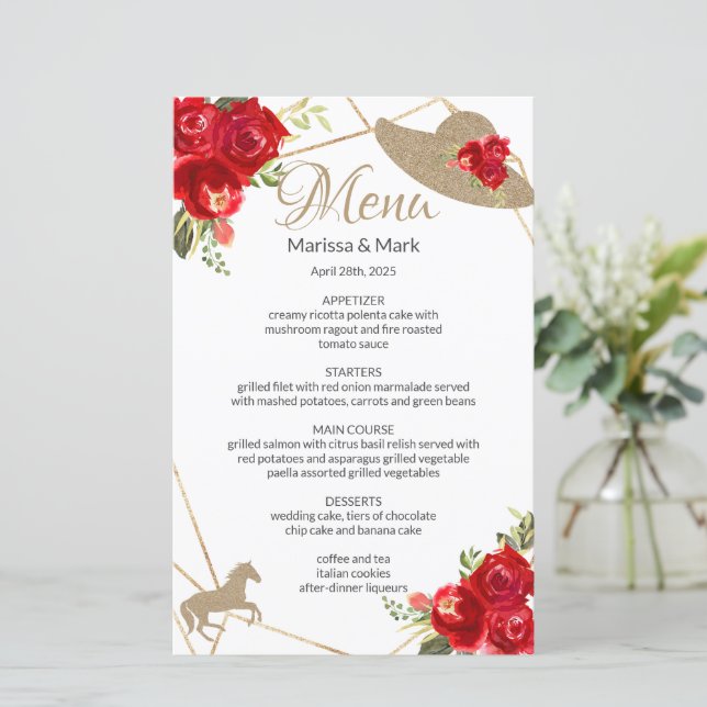 Kentucky Derby Rosa vermelha Wedding Menu (Em pé/Frente)