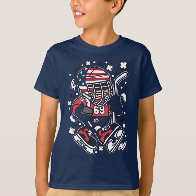 Kid de Hockey Americano com Camiseta de Caricatura (Frente)