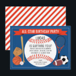 Kids Baseball Sports Convite de aniversário<br><div class="desc">Todo o convite de aniversário desportivo deste rapaz possui vários equipamentos desportivos, incluindo uma grande bola de basebol que atua como pano de fundo do texto. Esta design faz parte de uma nova coleção de convites de aniversário desportivos infantis. Eu queria criar alguns novos designs ousados para a loja porque...</div>