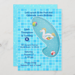 Kids Blue Piscina Party Unicorn Convites de Aniver