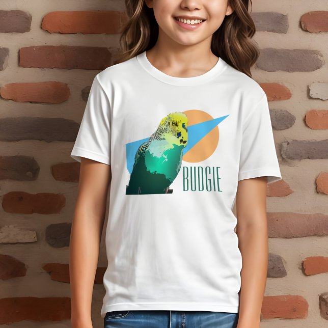 Kids Budget Love Retro Blue Geométrico Pet Bird (Kids' budgie t-shirt with cool retro geometric design and aqua budgerigar for pet bird lovers)
