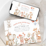 Kids Circus Themed Convite de aniversário<br><div class="desc">Atenção jovens festas, preparem-se para ir direto a uma doce festa de aniversário do circo de aquarela! O convite colorido ostenta a frase clássica "venha um, venha todos" e mostra um modelo moderno e na moda com designs de aquarelas de balões, palhaços e animais em tons mutados de vermelho, azul...</div>