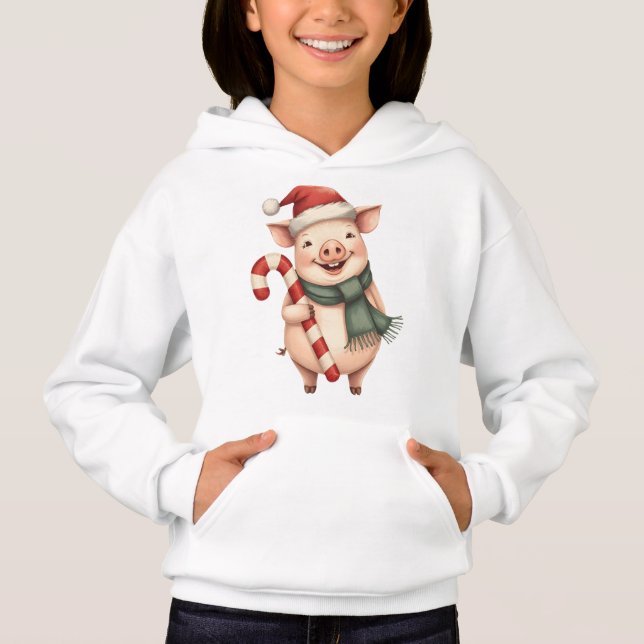 Kids Cute Christmas Pig with Candy Cane Hoodie (Frente)