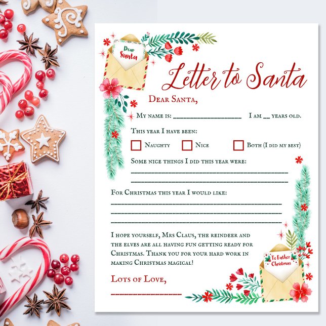 Kids de Aquarela Carta a Papais noeis Folha de Pap (Watercolor Kids Letter to Santa Paper Sheet)