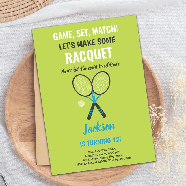 Kids Editáveis - Cartão de Partido Esportivo com R (Green Tennis Birthday Invitations)