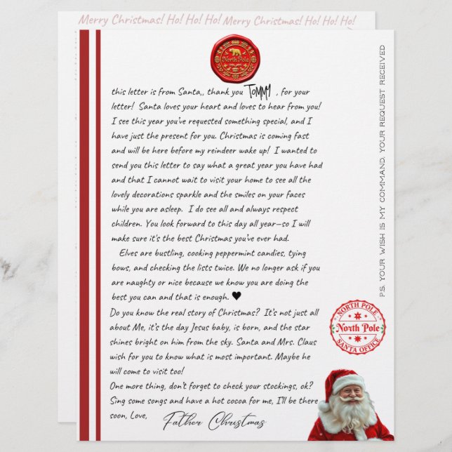 Kid's North Pole Comfirmation Letter From Santa (Frente/Verso)