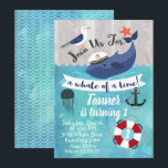 Kids Whale Watercolor Convite de Aniversário<br><div class="desc">Baleia infantil de um convite de aniversário de tempo. Procurando o convite para o aniversário de uma baleia? Este convite de aniversário de aquarelas pode ser usado para várias idades e apresenta uma baleia, gaivota, geleia, âncora e uma boia salva-vidas. Parte do texto no topo do design não é editável....</div>