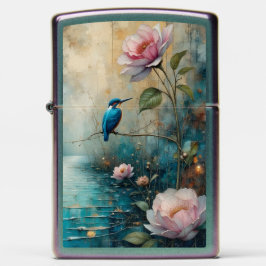 Kingfisher and pink roses