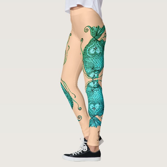 Kissing Fish Art Peach Teal Leggings (Esquerda)